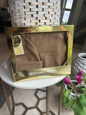 Michael Kors Brown Knit Beanie and Scarf Set with Crystal Studs